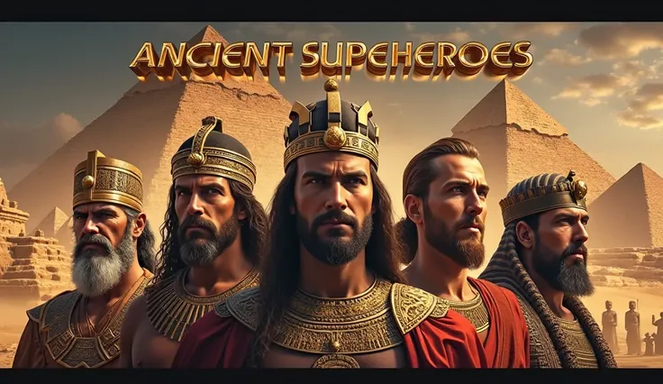 "A dramatic and powerful YouTube thumbnail showcasing the faces of legendary ancient kings like Gilgamesh, Alexander the Great, Cleopatra, Ramses II, and Sargon the Great. The kings are depicted in bold, realistic styles, wearing regal attire and standing ...