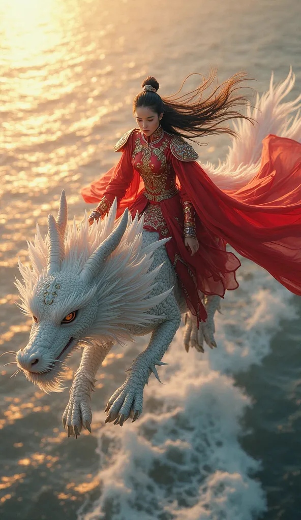 Oriental warrior girl in red armor flying on a Chinese white dragon over the sea, rising sun in the background, high quality, realistic, cinematic lighting