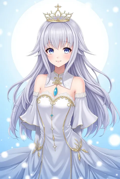 Silver hair, blue eyes, light blue inner color, smiling, long hair, straight hair, hime cut, tiara, idol costume