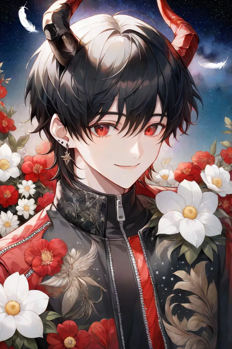 male,    alone, smile,  Age Group   , bangs,     red eyes  ,      Long Sleeve,      ,          jewelry,     jacket  ,     upper body, flower,        black hair, Cowboy Shooting,     earrings, Horn,          medium hair    ,     I'm looking at a close-up sh...