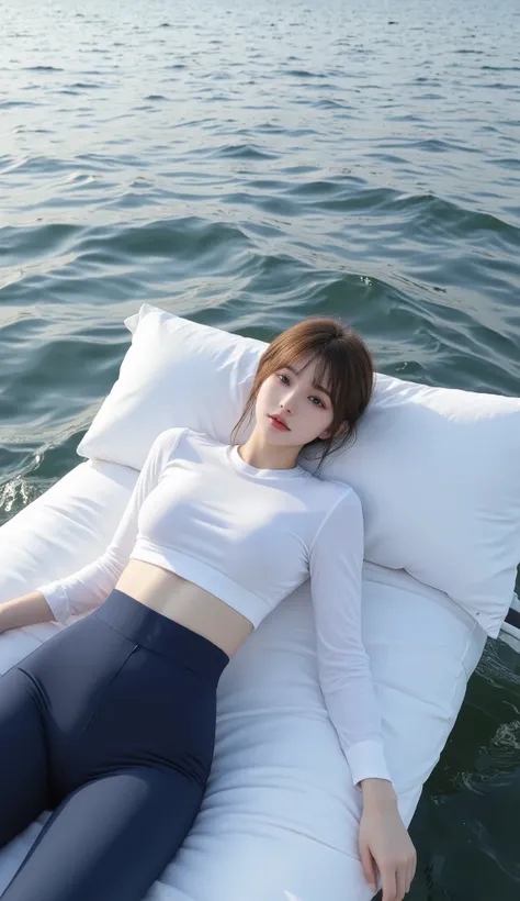 A 16-year-old Japanese girl sleeping on a bed floating on the sea with nothing around. Brown hair. Wearing rubber-material fashion. Full-body shot. Realistic photo style, ultra-high resolution, ultra-photorealistic, ultra-detailed rendering. Under natural ...