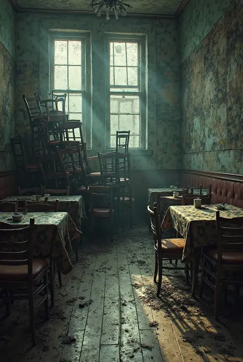 An abandoned restaurant with piled chairs