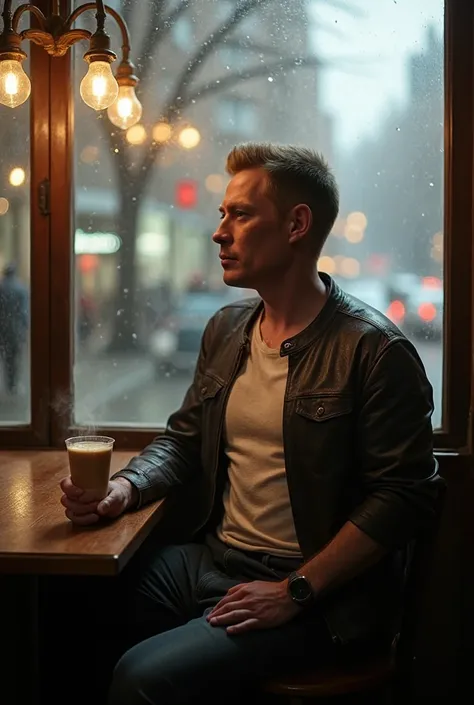 A 38-year-old man with an athletic build. He is dressed casually in a leather jacket over a white T-shirt and dark jeans. The scene takes place in a cozy cafe with large windows that overlook a rainy city street in the background. He is seated at a wooden ...