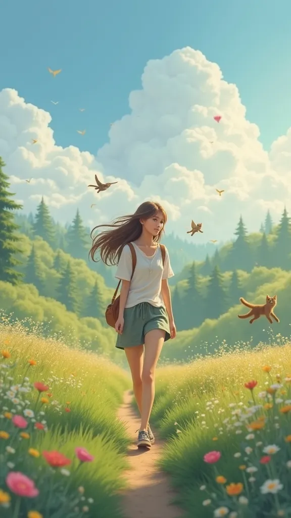 Prbuatkangambar 23 year old girl walking on hillshows pictures of flying cats hovering and girl getting lost in the forest and meeting a kind-hearted grandfather