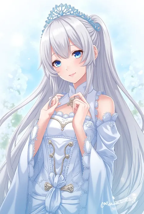 Silver hair, blue eyes, light blue inner color, smiling, long hair, straight hair, hime cut, tiara, idol costume