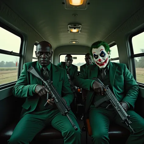 realistic first-person photograph inside a moving van, with three more men in dark green suits and Joker's mask, heavily armed, Talking irritably. Fundo de imagem são os três homens heavily armed de terno verde escuro e máscara do coringa. High realism and...