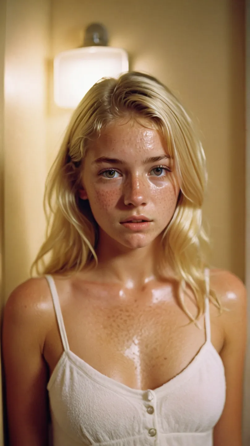 Hot naked American high school girl, detailed slightly freckled tanned face, realistic film grain, rough skin, skin blemishes, sexy cute nervous cute 19-year-old blonde, young girl in a bathroom,