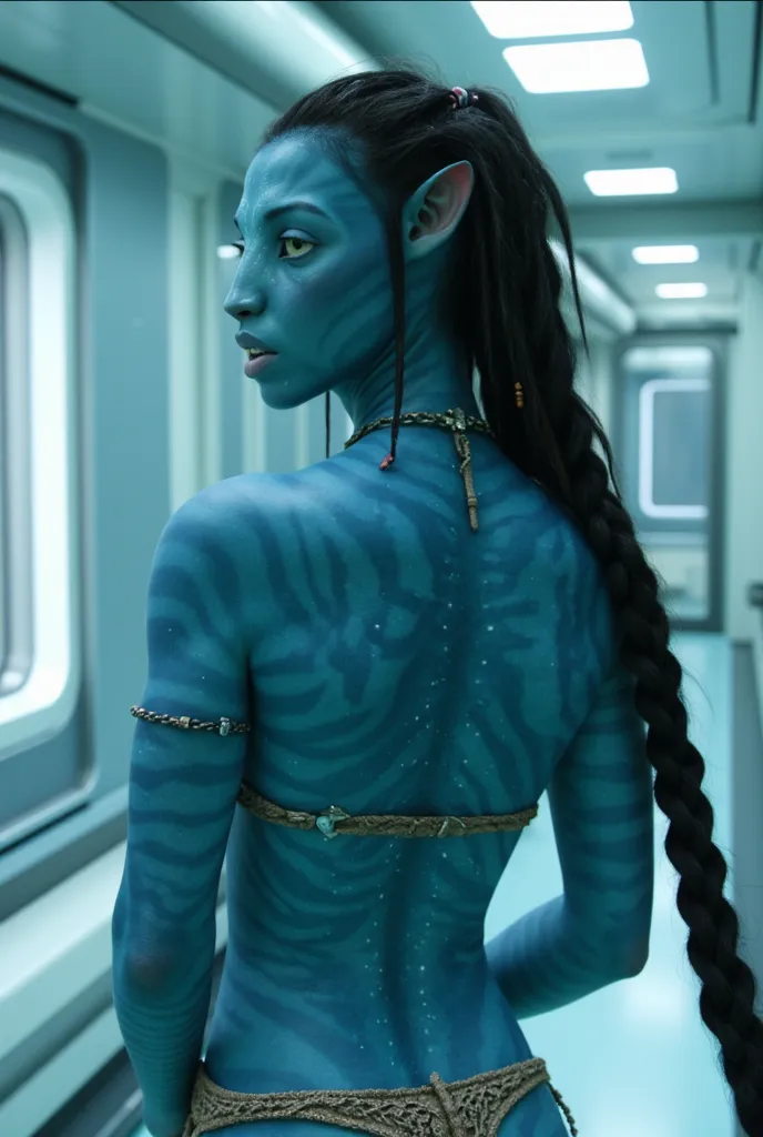 nude photography of (1) gorgeous naked female avatar alien with a tail from behind, She is looking over her shoulder, nice ass, She has a tail. She has a na'vi tail. Alien tail. gorgeous na'vi woman from behind, she is alone in a lab, blue skin, big beauti...