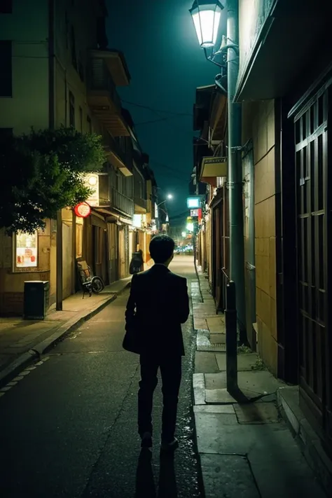 (0305) Theme: A Lone Figure Under a Streetlamp / Lonely Single Shadow Under the Streetlight / Shadows of a Man Under the Streetlight