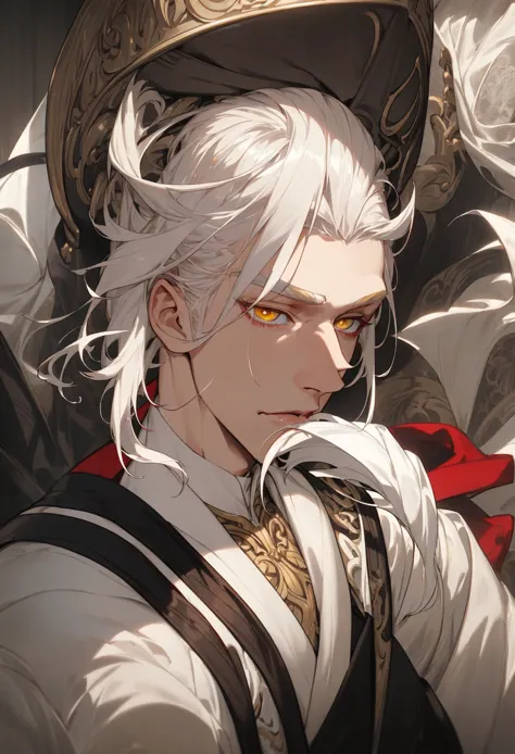 handsome mature man talking, Albino white hair, Wearing luxurious period clothes ( perfect anatomy )  Male Hair, dense hair, short hair,white eyelashes and eyebrows,bright yellow eyes,  perfect eyes , detailed eyes, Realistic eyes marrying red-haired woman