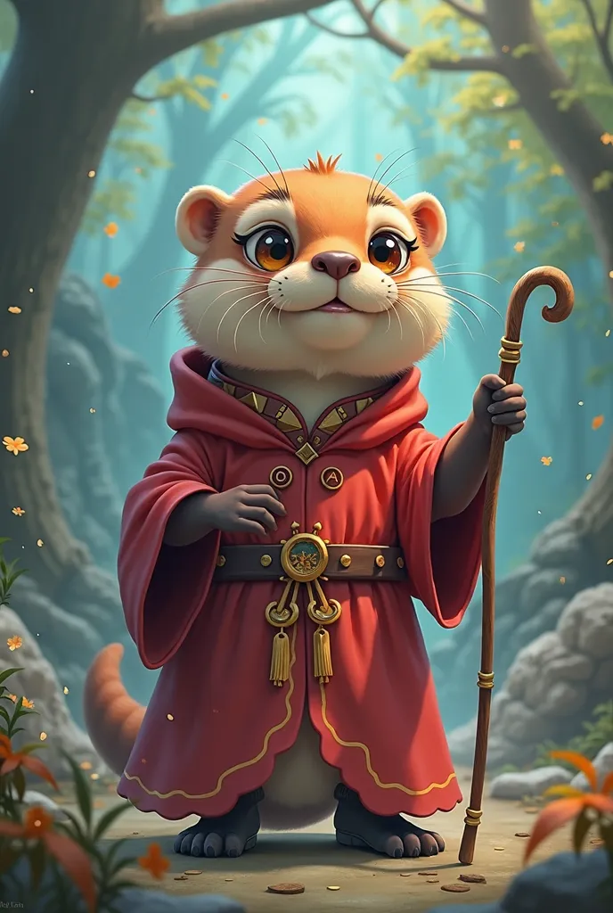 A small otter wearing red magic robes, She holds a cane and seems to be half hunchbacked, anime style 