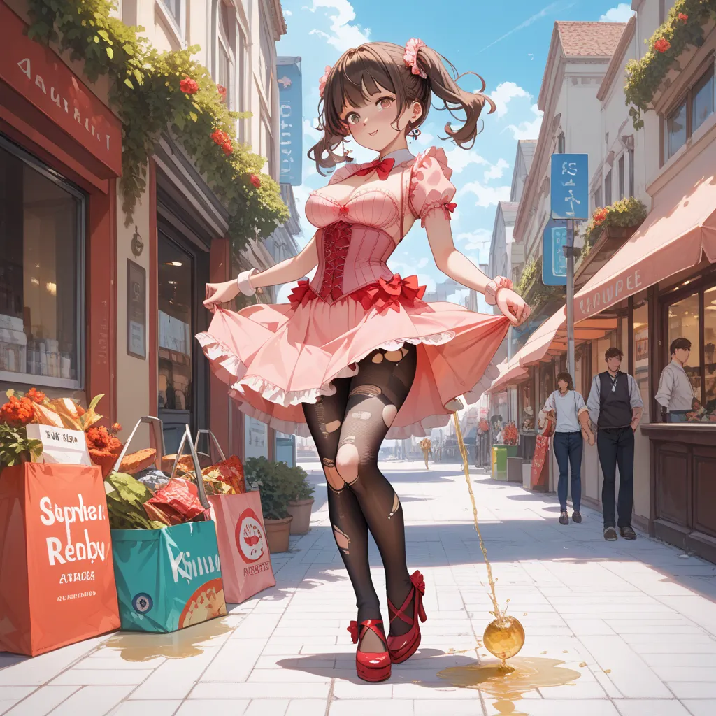 Kumiko_Oumae_soundeuphonium, dark brown hair, (pink corset), (Torn Full body tights:1.1), (Torn Full body tights over pink corset:1.2), red lace panty, (red lace panty over Torn Full body tights:1.2), leak urine,  Breasts showing, In the middle of a shoppi...