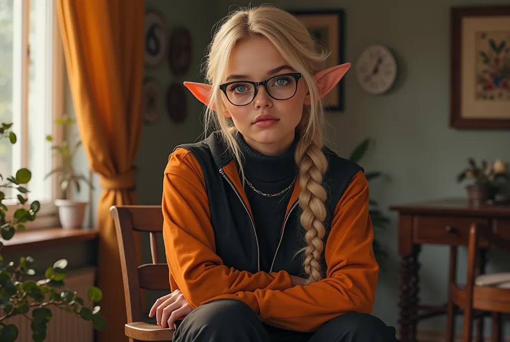 very sexy blonde with makeup beautiful elf girl in black and orange jumpsuit with glasses, sitting at home , subtle facial features, thoughtful expression,  Her hair is braided in a ,  arms crossed on the chest , cozy home environment, soft lighting, high ...