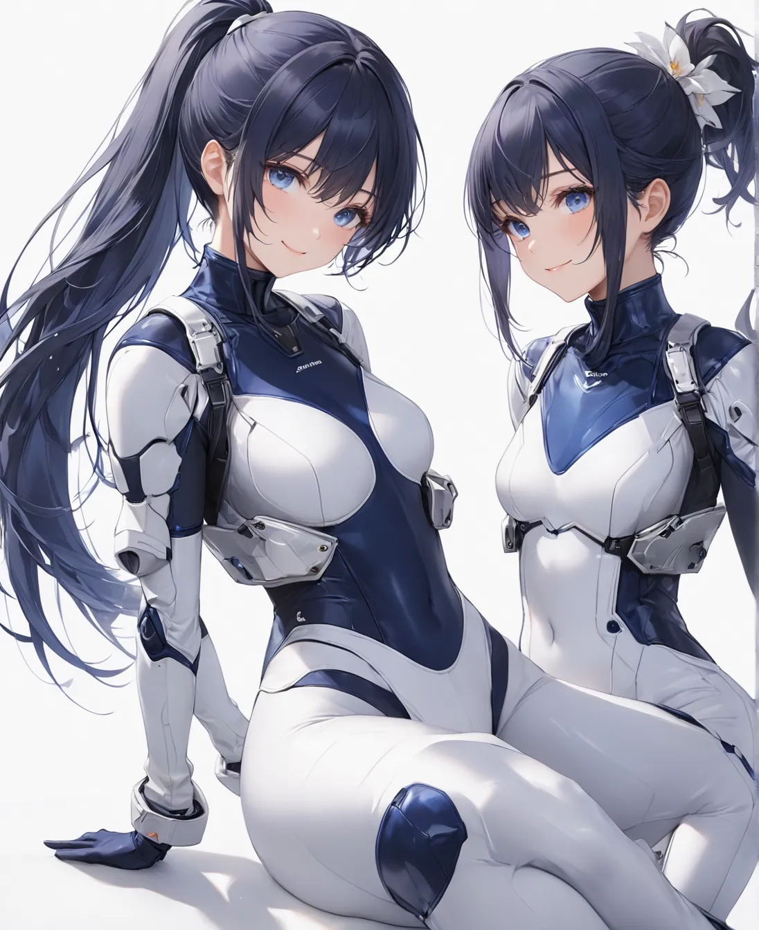 (​masterpiece、 Top Quality、 highest resolution 、 Clear Images 、  detailed image 、 The angle is from above ): ( One Japanese Woman 、 High Ponytail、  dark blue hair  、 Sparkling blue eyes 、(  white and navy blue pilot suit （Enamel Finish ）、white and dark blu...