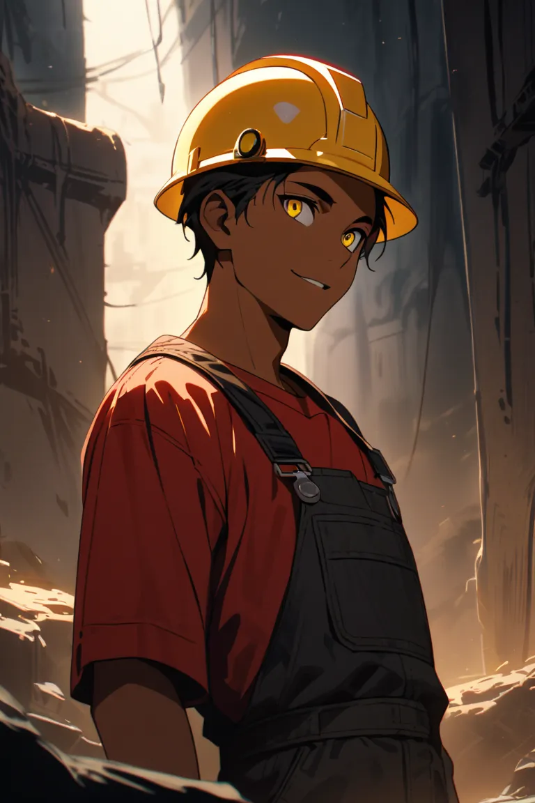 tanned skin, smile, cute looking, eerie looking,  tall, yellow eyes, yellow hard hat, black overralls, red shirt, goggles on his forehead, 
