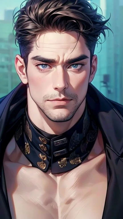 (  Idiot  ,4K,8k,    highres,  masterpiece:1.2),    breasts,(Realistic,photoRealistic,photo-Realistic:1.37),36-year-old man,3 day beard,cute anime ,Portraits,strong,masculine,     dark hair,sharp jaw,         mesmerizing eyes         ,     perfectly combed...