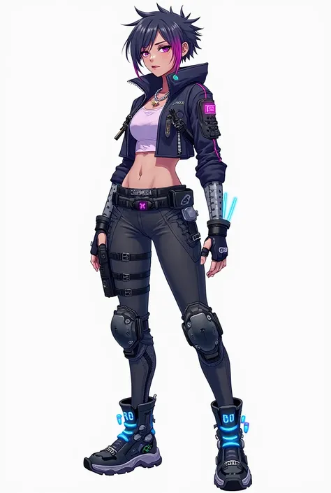 A full-body anime-style cyberpunk character standing against a plain white background. The character is a futuristic warrior with a sleek, high-tech outfit featuring glowing neon accents (blue, pink, or purple). They wear a fitted cyber jacket with metalli...