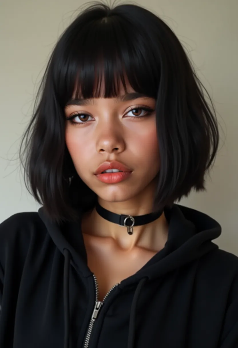 "Close-up, realistic image of Ágatha, a 20-year-old Brazilian woman with short, straight black hair styled simply and clean, with a calm yet confident expression. She is wearing a black hoodie, paired with simple accessories, such as a black choker. The ba...