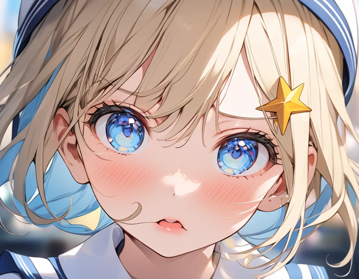 An extreme close-up of an anime-style schoolgirl’s face, featuring light blue, semi-long bob hair with a distinctive yellow star hair accessory. She wears a classic sailor-style school uniform with a neatly tied ribbon. Her large, expressive blue eyes are ...