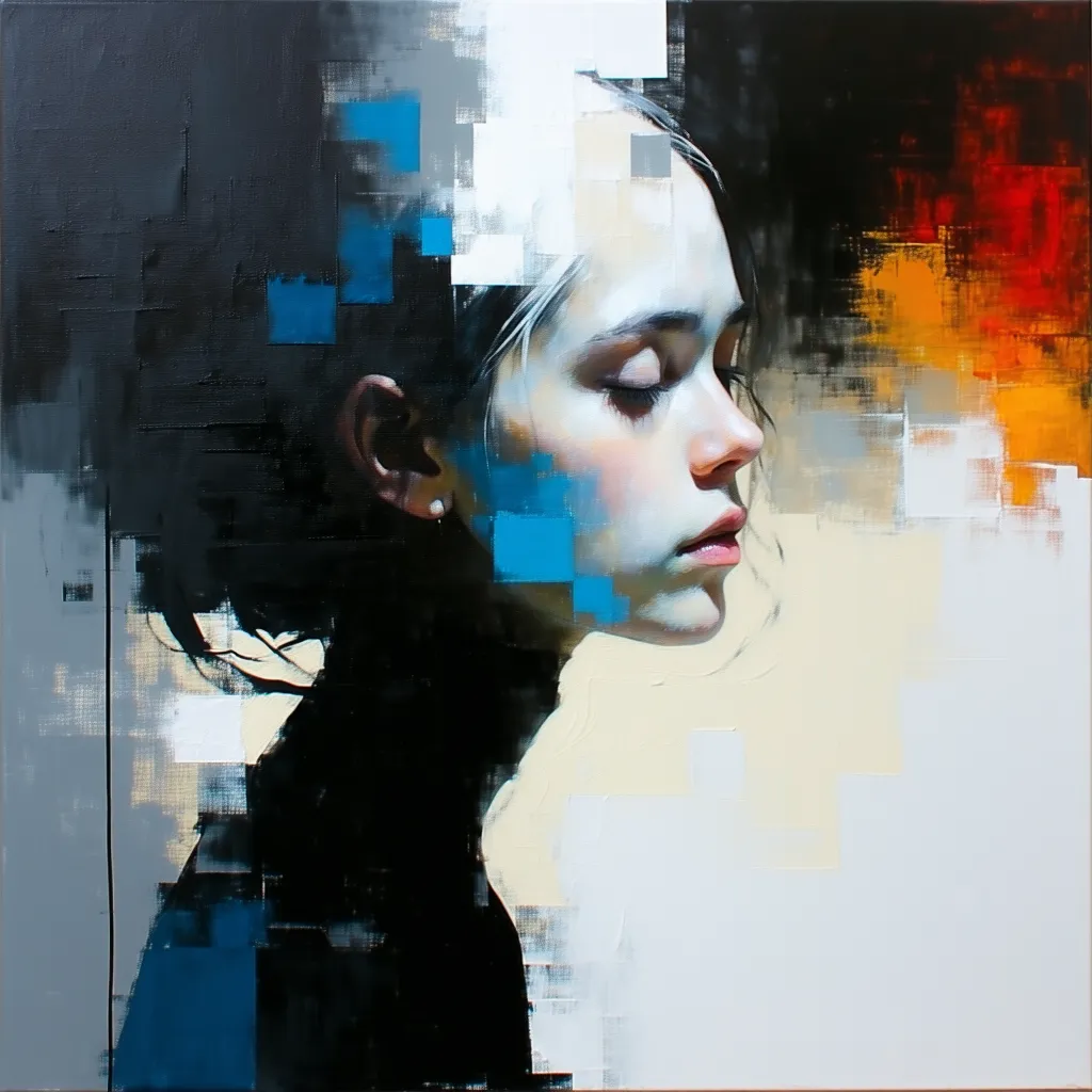 An abstract and conceptual portrait of a girl, oil painting, head and shoulders pose, with warbly noise applied to the upper half of the screen, the theme of this painting is chaos. A palette of black, white, blue, and brown, gray background, 8K, masterpie...