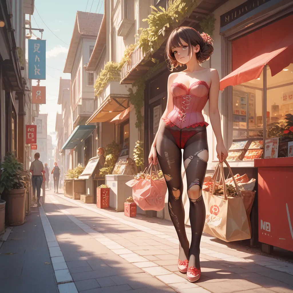 Kumiko_Oumae_soundeuphonium, dark brown hair, (pink corset), (Torn Full body tights:1.1), (Torn Full body tights over pink corset:1.2), red lace panty, (red lace panty over Torn Full body tights:1.2), leak urine,  Breasts showing, In the middle of a shoppi...