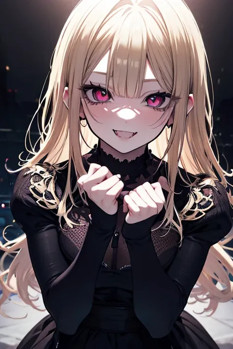 yandere, Blonde Girl with an Ugly and Dangerous Look,  big eyes, crazy smile,  sharp fangs, Bloody Hands, Dark Ambient Background, high quality, realistic, 4K, 8k, Exquisite Details, realistic texture, professional,  vivid colors, Bokeh, Dark Fantasy, Digi...