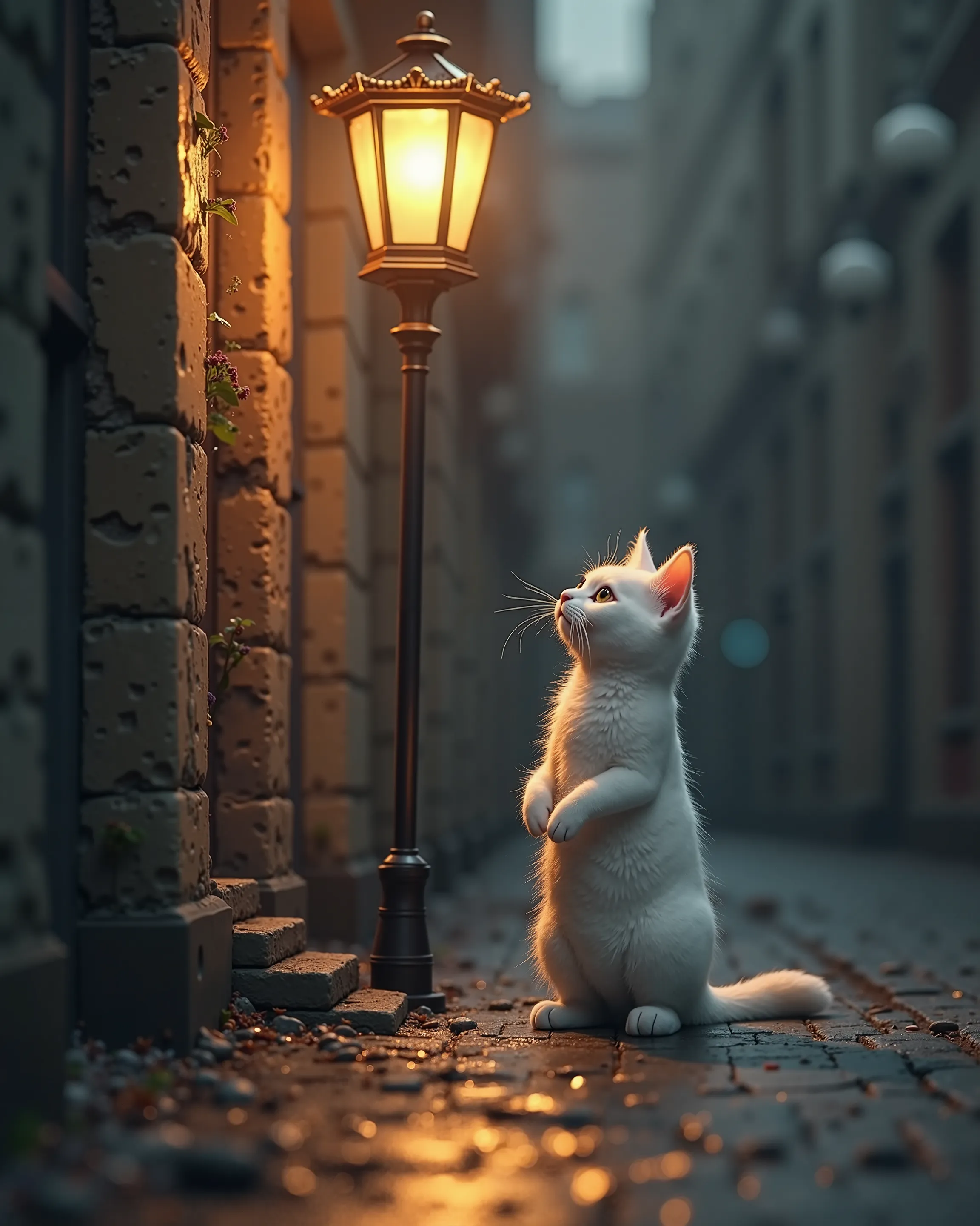 Wide angle, (A white cat stands under a street lamp on two legs'1.5),realism, Super Detail, High Resolution, masterpiece, Best Quality,(One street lamp:1.5),(At dusk '1.5),( look lonely :0.8)