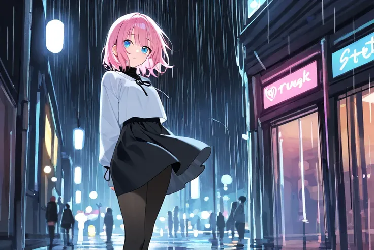 Pink hair with ribbon with bangs up to the eyes, blue eyes, black turtleneck top with long sleeves,  black high waist skirt , black tights, joyful expression, In the rain in a night city. 