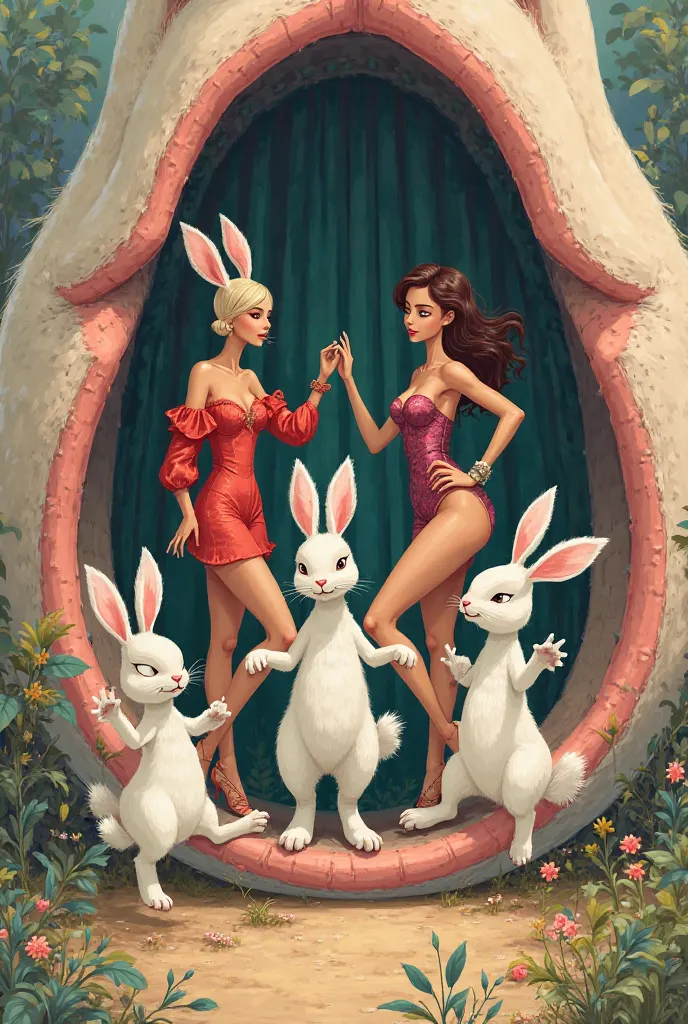 3 rabbits dancing in one ear sexy lingerie women with one ear dressed in a dashing outfit