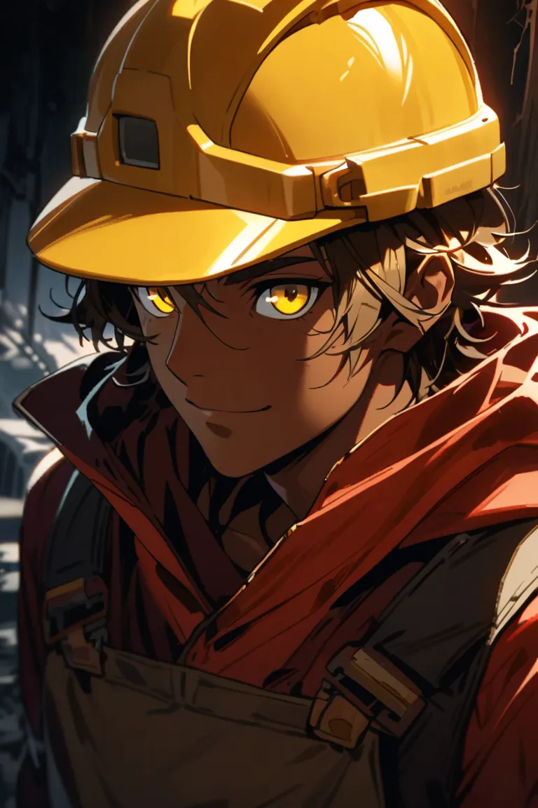 tanned skin, smile, unrigged smile, cute looking, eerie looking,  tall, yellow eyes, yellow hard hat, black overralls, red shirt, goggles on his forehead, 
