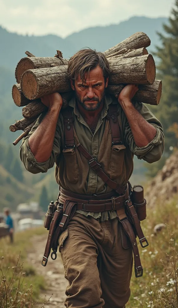 A man dressed in the Middle Ages carrying ten logs of heavy wood 