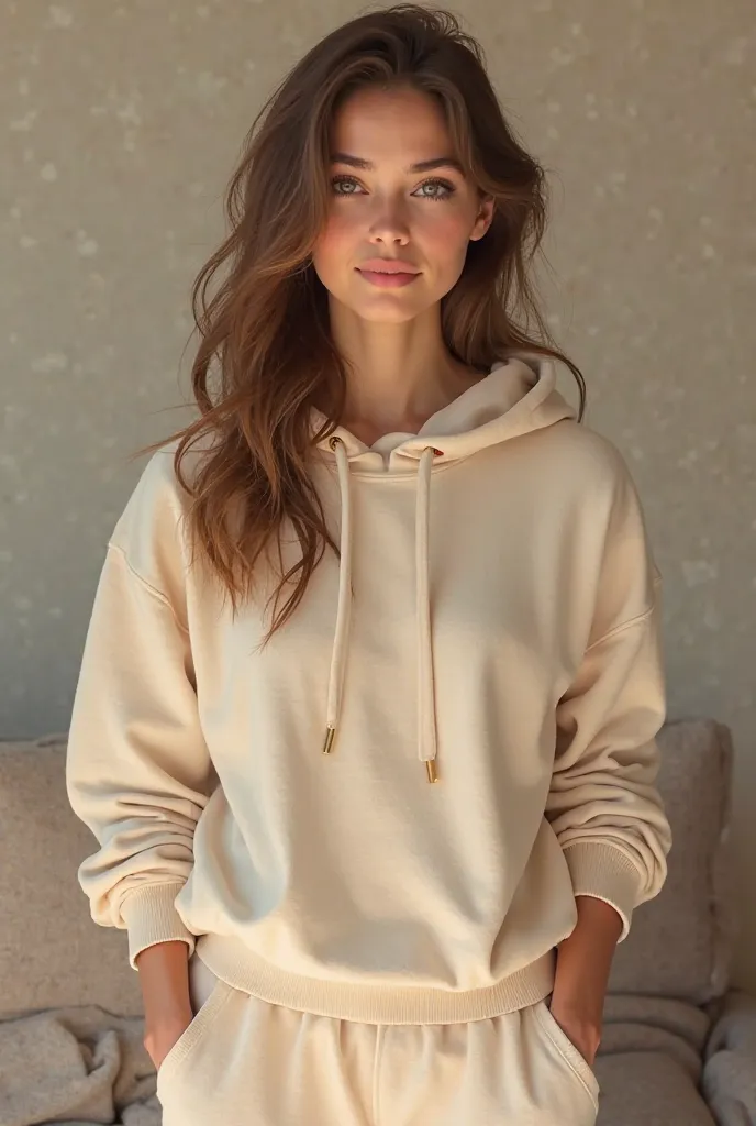 cute slim french brunette with cozy hoodie and sweat pants 