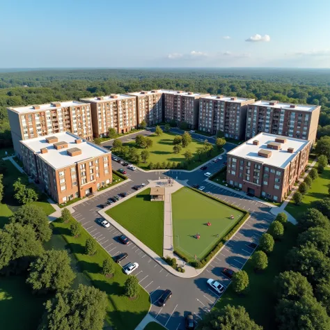 Aerial view of a multi-story apartment complex. the complex is made up of multiple buildings with different colors and sizes. the buildings are arranged in a grid-like pattern, with the largest building in the center and the smaller ones on either side.

t...