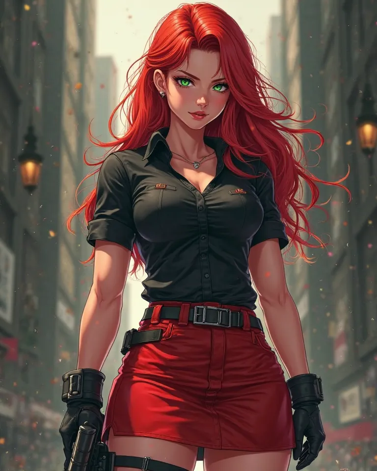 Muscular woman in tactical clothing,  shiny red hair , green eyes, intense red skirt,  black shirt, big ass, big chest, anime style