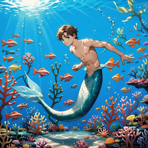 Young merman, merman, merman body, male, young man, young adult, blue pearlescent scales, translucent blue fins, shirtless, wavy hair, Solo, Bangs, Brown Hair, Light Smile, Aqua Eyes, Light Tan Skin, Full Body, underwater, coral reef, enchanting atmosphere...