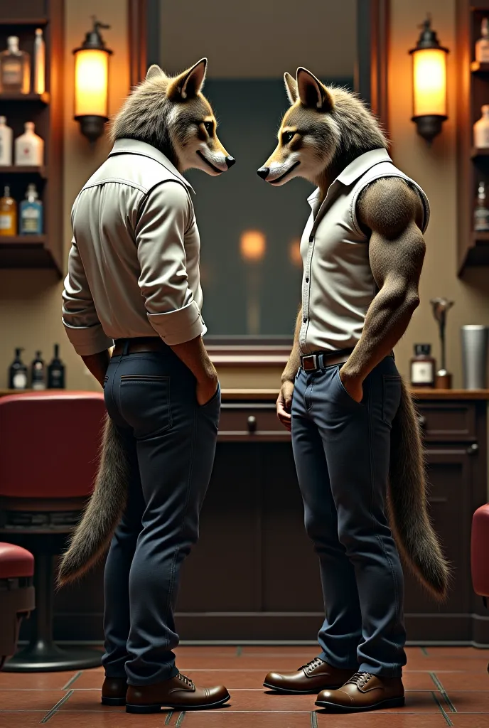 I want a humanoid realistic wolf image shaved like a human in the barbershop. Clothes on the wolf. Let the wolf face the mirror in the shop and look at himself