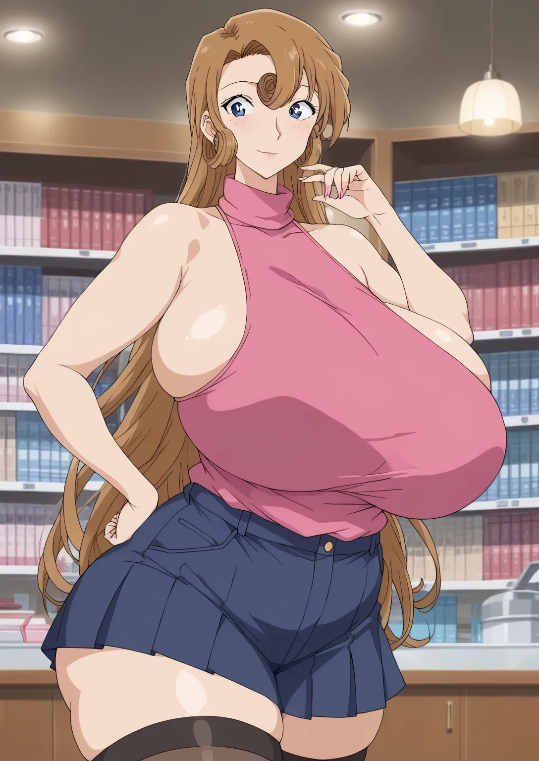 Yukiko Kudo ,Yukiko Kudo ,  long hair, brown hair,Hair Circle,3 Hair Circle, blue eyes, sleeveless high neck knit ( tight)、super huge huge breasts super huge ass thick thighs plump black long maxi ( tight)  long stockings, 顔を赤くして恥ずかしい顔score_9,   score_8_up...