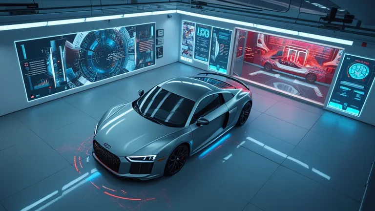 A top-down drone view of the Audi R8 inside a high-tech garage, with holographic interface displays appearing around the car, showcasing different performance stats and customization options.  
