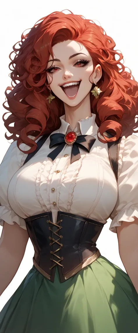 A tall sexy girl beautiful big breasted beautiful curly red hair wavy long laugh her light red eye wide black eyelash dresses white top cut under a vest black corset and short green skirt long brown boot