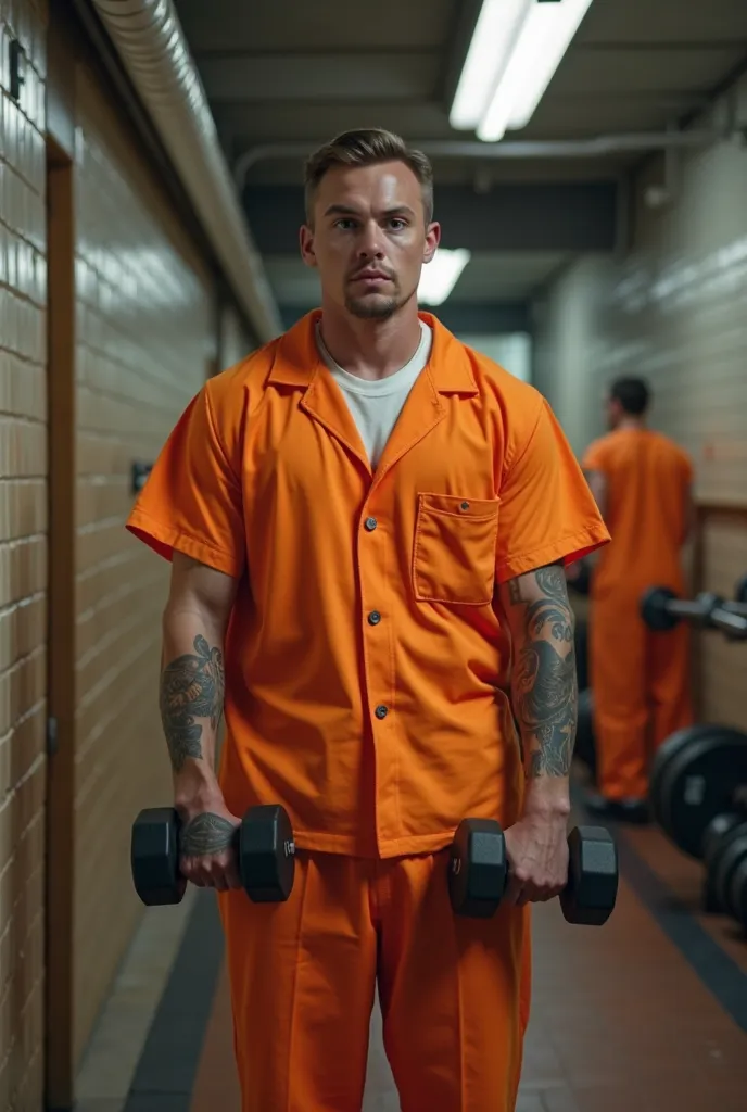 They are wearing orange, shows that this is a high-security prison environment. They look strong，Tattoo on arm，They are neatly arranged，in jail holding big dumbbells to exercise their arms