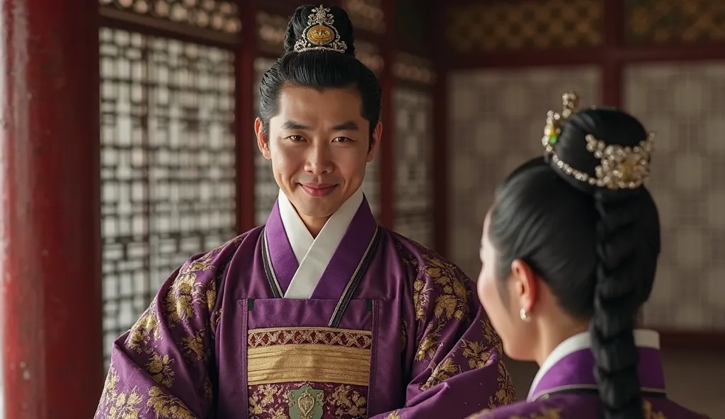 realistic

 KOREA - GORYEO-Era
ROYAL COUNCIL HALL

Age: Early 30s

Appearance: Handsome with a playful smile, dressed in elegant royal robes of deep purple and gold. He wears a jade hairpin, symbolizing his status.

(gleefully whispering to a servant)
