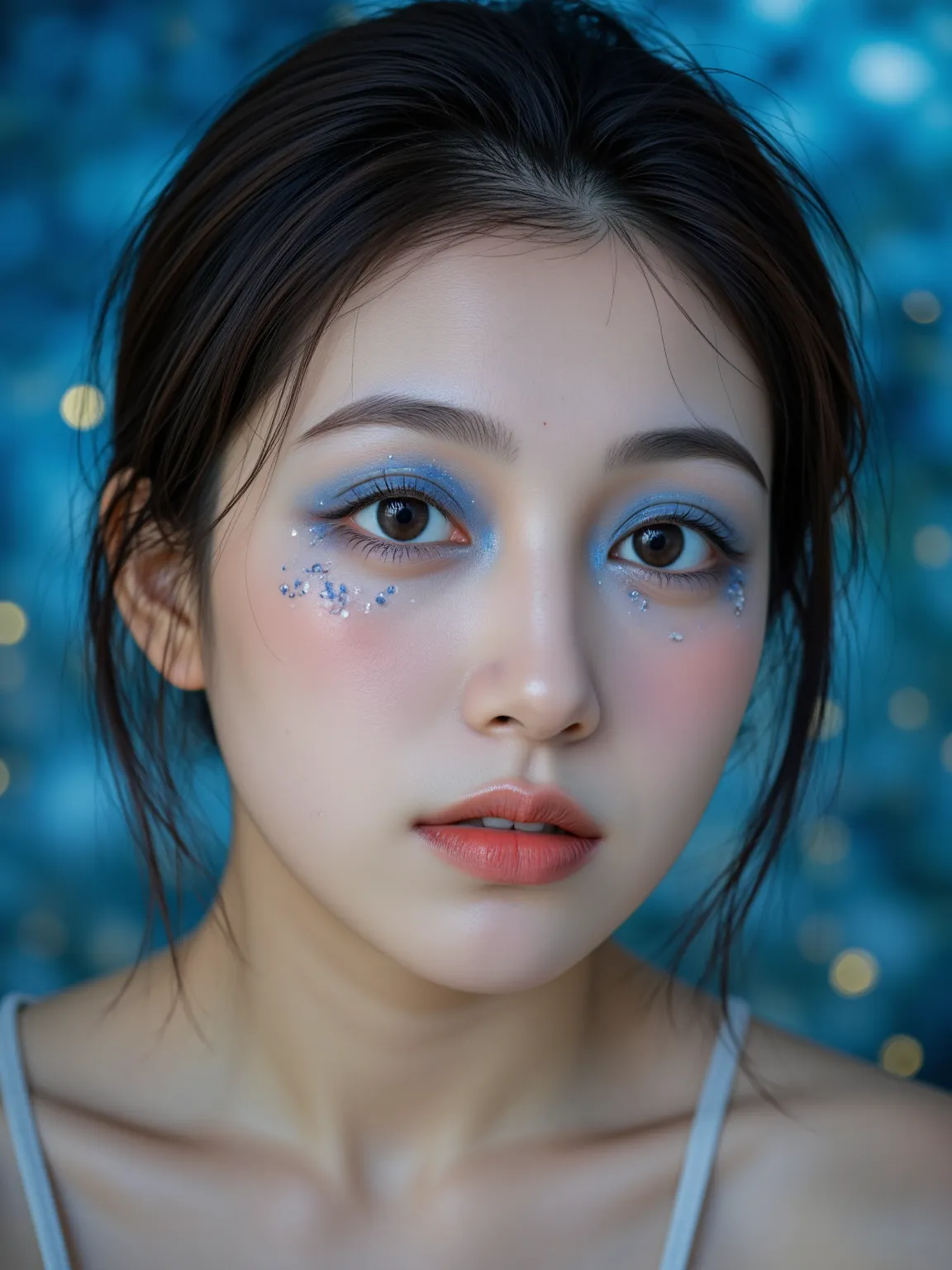 A beautiful woman with blue crystal makeup, the crystals sparkle in her eyes and she is surrounded by them. Her skin glows like moonlight. The background features an abstract blue environment with golden accents. High-resolution photography, intricate deta...