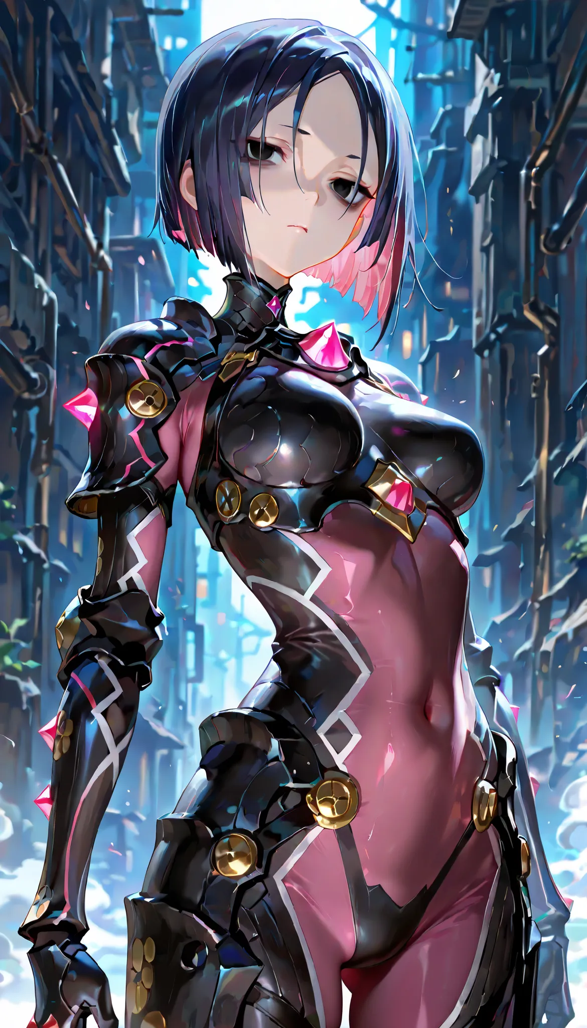 (masterpiece, Highest quality, Ultra-high resolution), 1girl, Ushi Gozen,  short hair, black hair, colored inner hair, multicolored hair, pink hair, black eyes, bags under eyes, armored bodysuit, covered navel, cool backlight