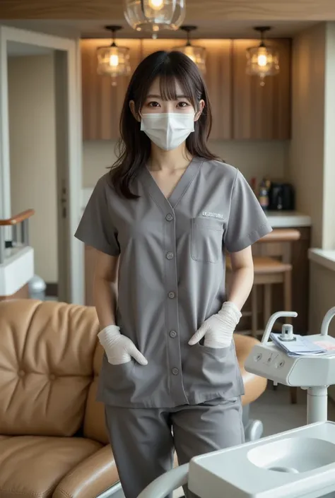 A luxurious dental clinic interior with a Japanese dental hygienist standing confidently. The hygienist is wearing gray scrubs, gloves, and a face mask. The clinic features modern design, elegant lighting, and high-end dental equipment, creating a professi...