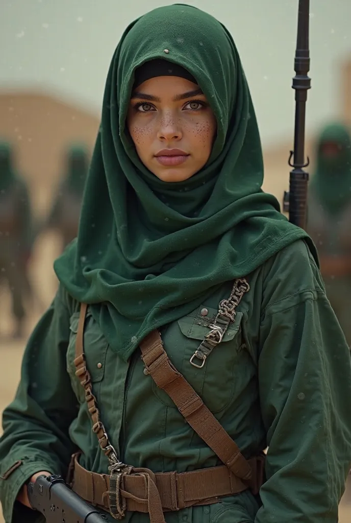 Saudi Female Soldiers Wear Hats ,thin face ,,Long Sleeve Collar Long Sleeve Collar Dark Green ,Open belly belly ,Low Waist Belt , ,flat chest ,thinมาก ,thin ,Gun Stand Aga ,realistic, 8K resolution, Face Paint