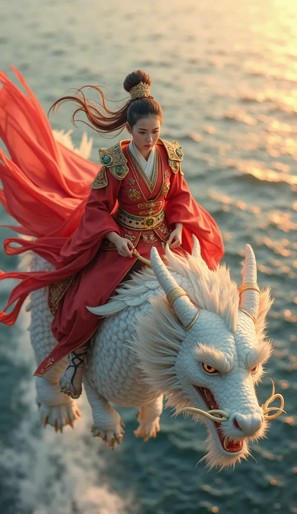 Oriental warrior girl in red armor riding a Chinese white dragon on the sea, horizon, front view, rising sun in the background, high quality, realistic, cinematic lighting