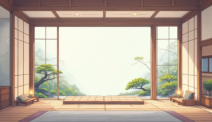 illustration in soft colors predominating , minimalism of a Japanese style living room with window to see the minimalist Japanese garden with bonsai trees, the stage evokes energy and elegance