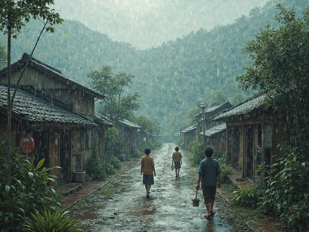 Create realistic images of rain falling in a village 