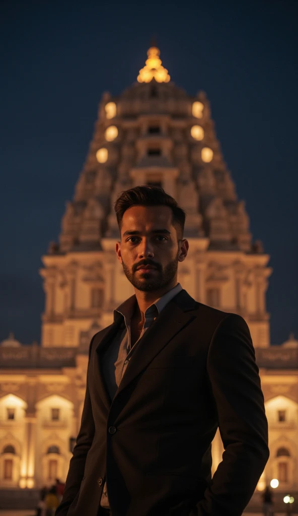 Create a stunning visual with this male person in Indian looks smart,stylish  in night landscape view infront of grand temple with hew lights 