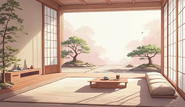 illustration in soft colors predominating , minimalism of a Japanese style living room with window to see the minimalist Japanese garden with bonsai trees, the stage evokes energy and elegance